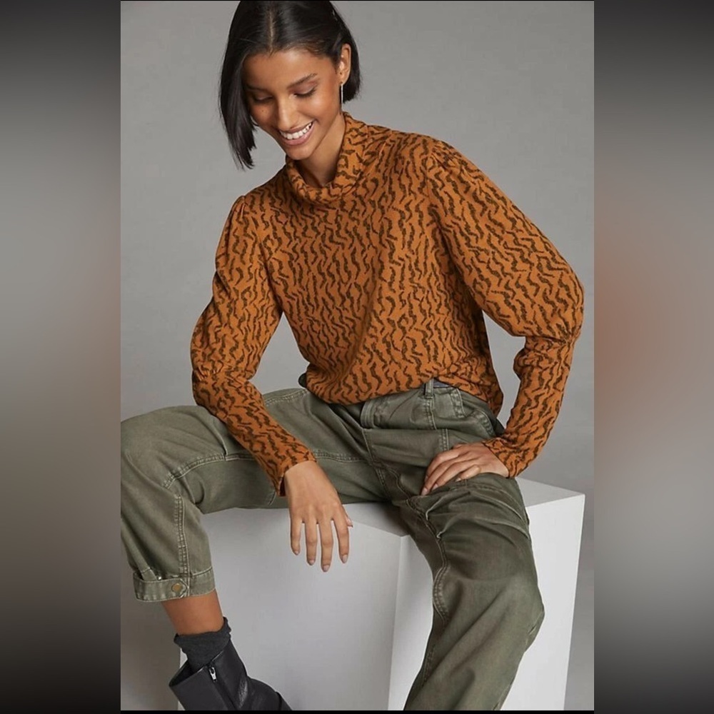 Anthropologie Puff Sleeve Turtleneck Brown Patterned Women's Blouse Medium